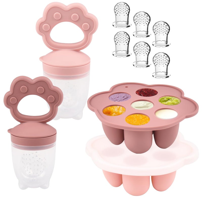 Ginbear Silicone Baby Fruit Food Feeder & Freezer Tray (Set of 2), Infant Teething Feeder Pacifiers with Popsicle Molds Combo 4 Months+ (Mauve/Baby Pink) - Image 1